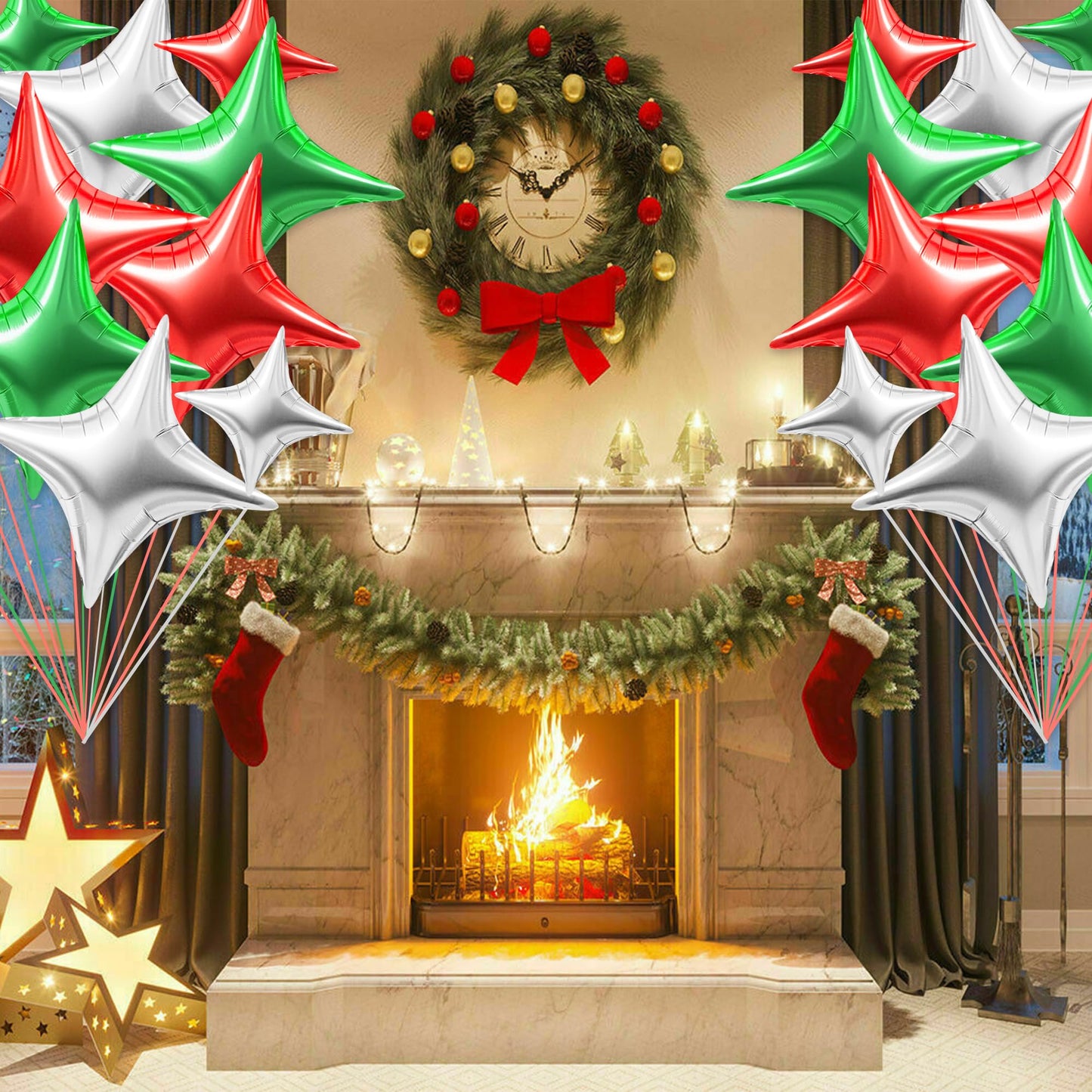 TONIFUL 30Pcs 26In&10In Star Balloons Red Green Silver Four Pointed Foil Mini Star Mylar Balloons for Halloween Chrismas Birthda
