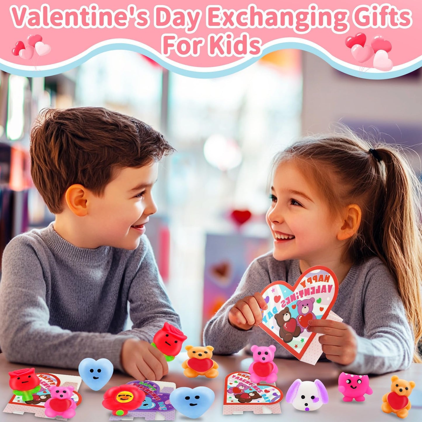 Amenon 28 Pack Valentines Mochi Squishy Toys With Unique Gift Boxes Greeting Cards, Valentines Gifts For Kids Classroom School E