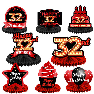 Happy 32Nd Birthday Red And Black Table Honeycomb Centerpieces Balloons Theme Decor Table Decorations Table Toppers For Girls Women Princess 32 Years Old Birthday Party Bday Supplies Background Gold