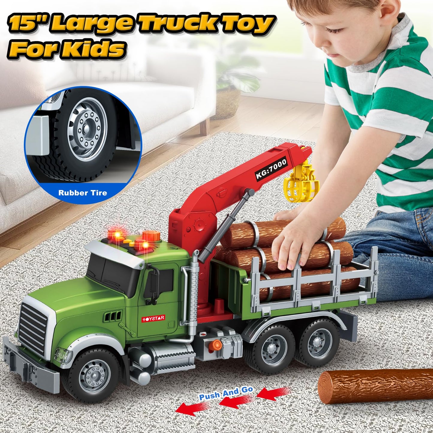 Kids Toys for 3 4 5 6 7 8 Years Old Boys, 15'' Farm Logging Truck Toy with Loading Crane and 6 Trunks, Lights, Sounds, Toddler F