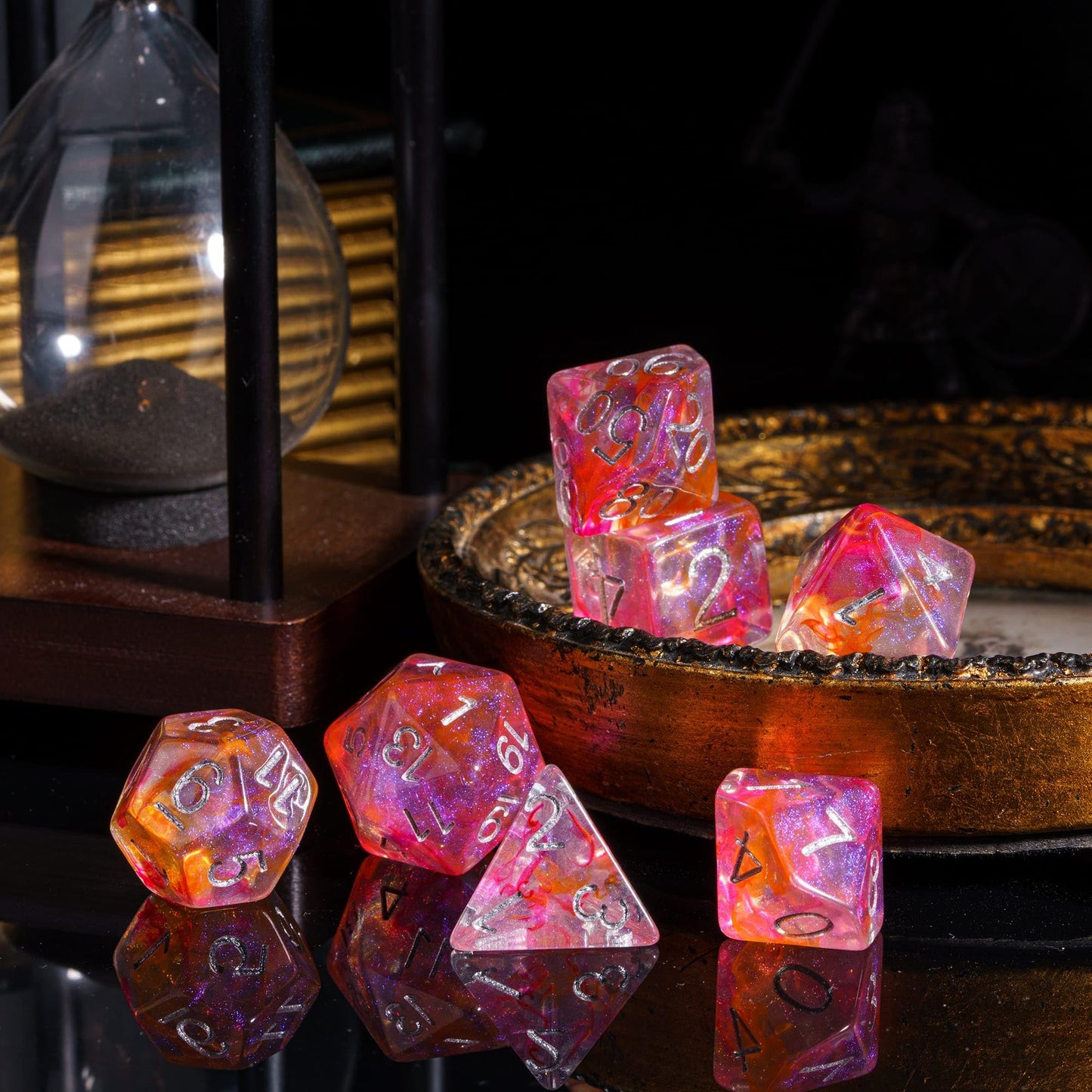 Udixi 7-Die Polyhedral Dice Set With Glitter And Orange Swirls Dnd Dice For Dungeons And Dragons Role Playing Games (Red Orange)