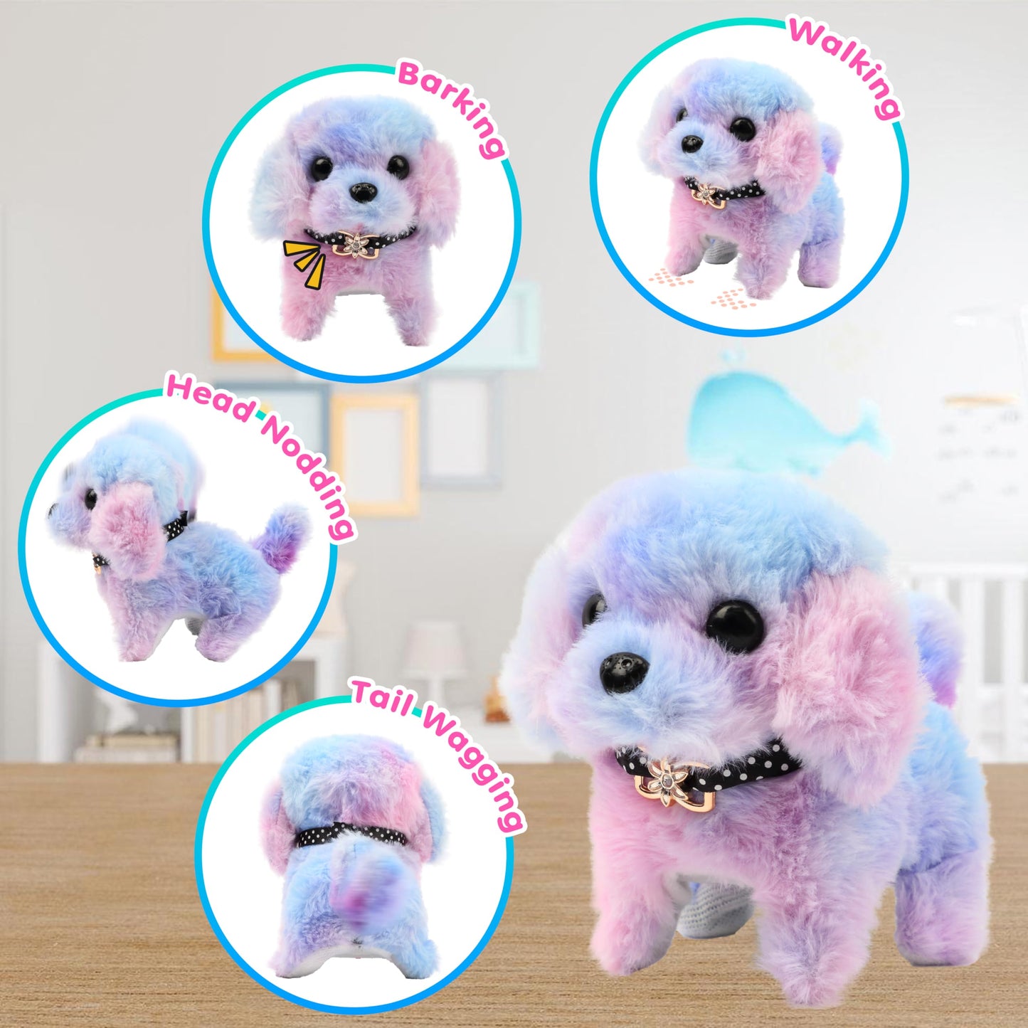 Easfan Walking Puppy Stuffed Animal Interactive Rainbow Dog Barking Tail Wagging Head Nodding Educational Plush Toy Easter Christmas Birthday Gifts For Toddlers Kids Girls, 7'