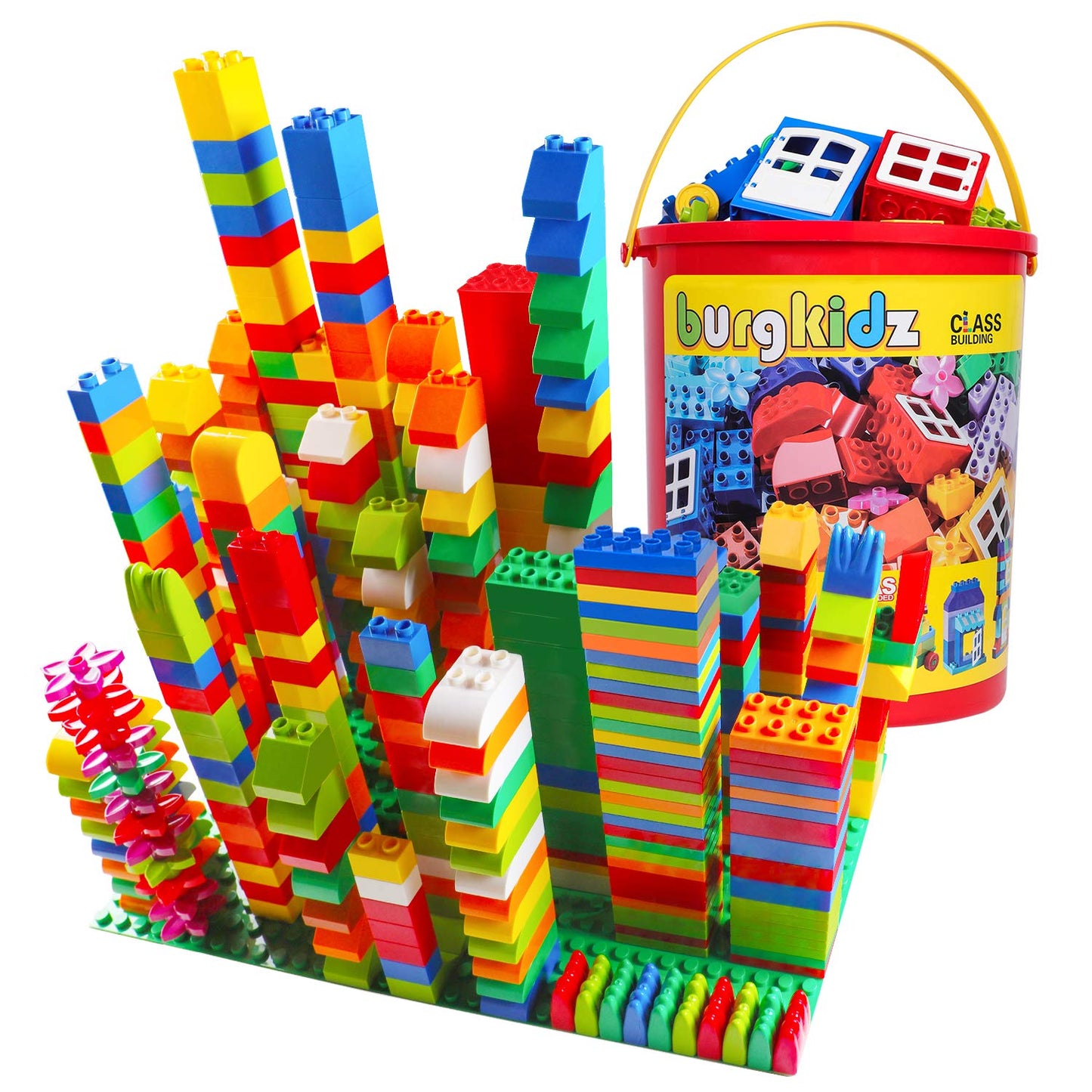 Burgkidz Big Building Block Set - 214 Pieces Toddler Educational Toy Classic Large Size Building Block Bricks - 13 Fun Shapes And Storage Bucket - Compatible With All Major Bulk Bricks Set