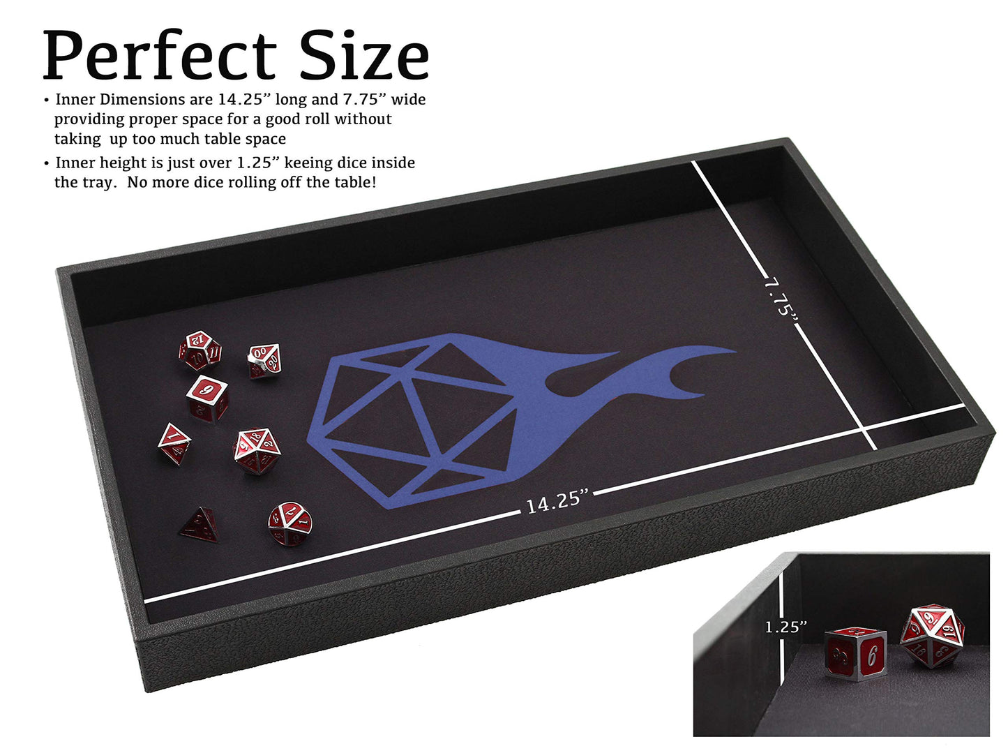 Forged Dice Co. Dice Tray 14' - Double Sided And Removable Neoprene Rolling Dice Mat - For Any Dice Or Board Game, Tabletop Rpgs Like D&D Pathfinder Roleplaying Game Black Tray W/Gray D20 Icon Mat
