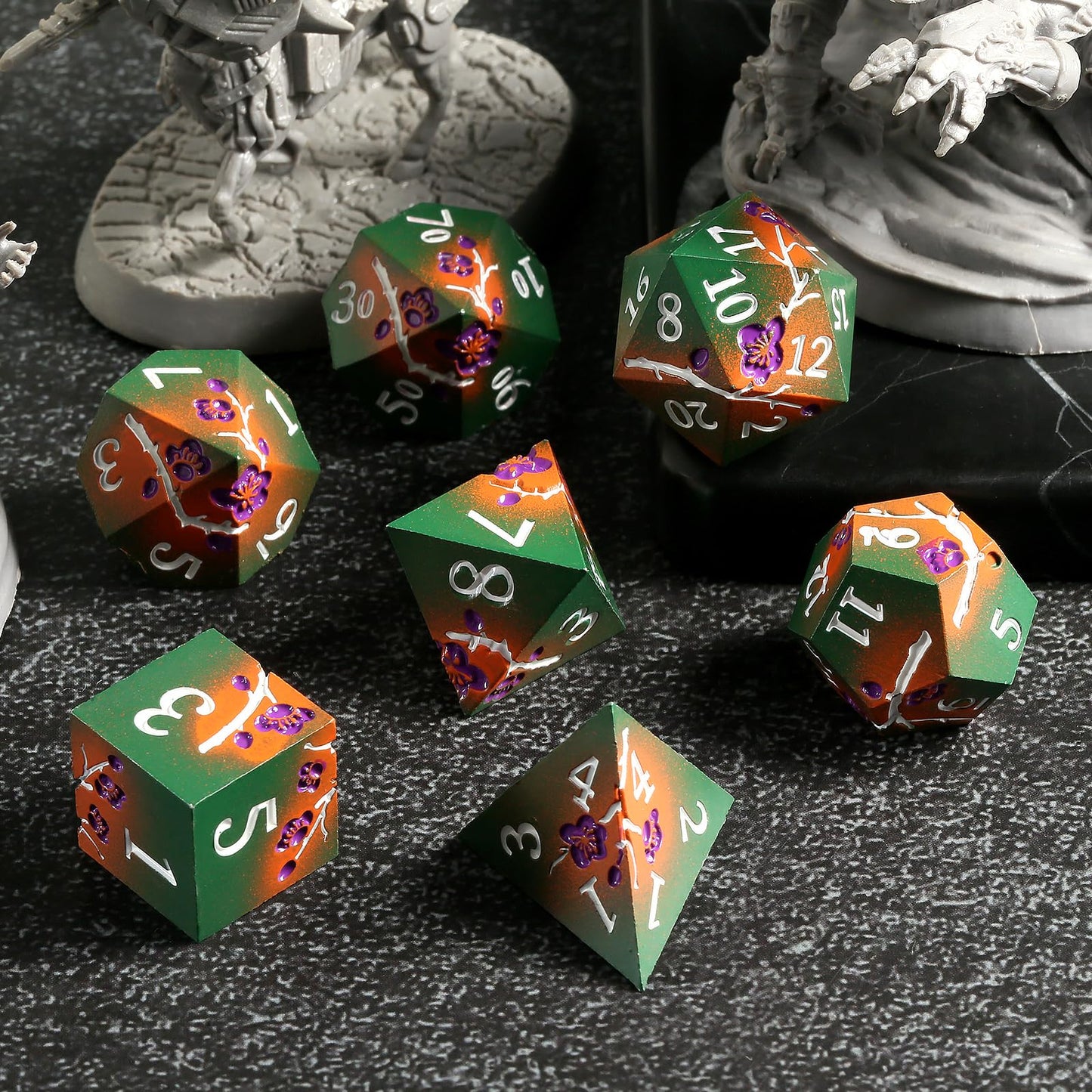 DNDND Metal Dice, 7 PCS Metallic Flowers D&D Dice with Gorgeous Gift Case for DND Dungeons and Dragon Tabletop Game (Army Green