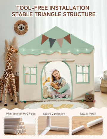 Besrey Kids Play Tent - 2 In 1 With Padded Mat & Lights, Large Playhouse With 2 Doors & 4 Windows, Indoor & Outdoor, Christmas Toddler Play Tent, 51' X 35' X 51