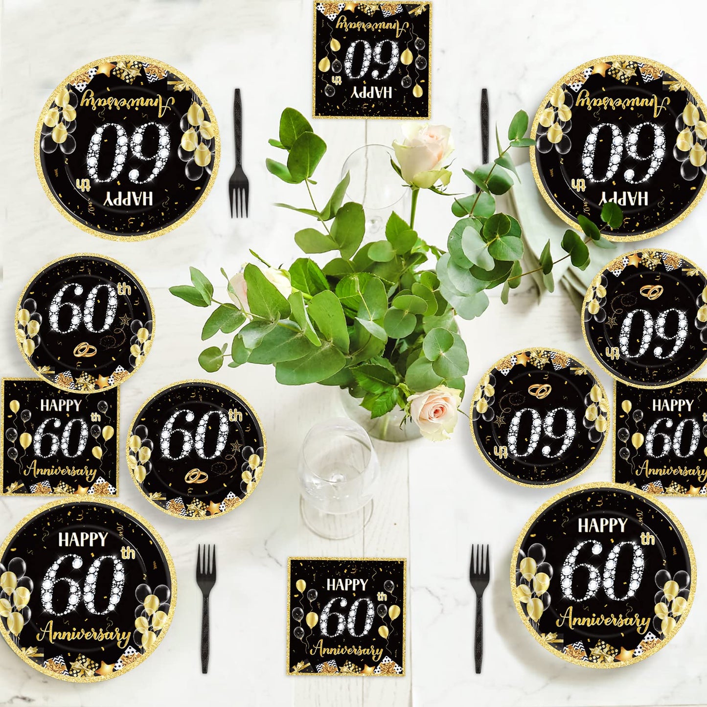 chiazllta 96 Pcs 60th Wedding Anniversary Party Paper Plate and Napkins Supplies Gold Black Disposable Tableware Anniversary Par