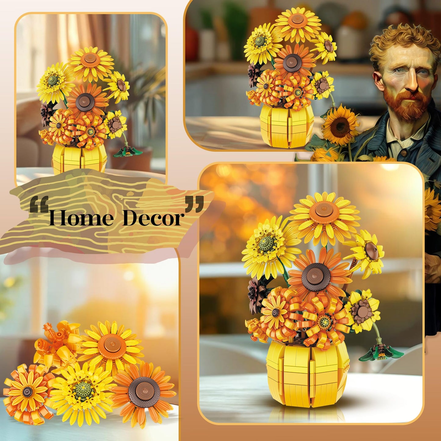 chanbrick Sunflower Building Set Flowers with Vase Van Gogh Botanical Collection for mature-themed -1009pcs Compatible with Lego