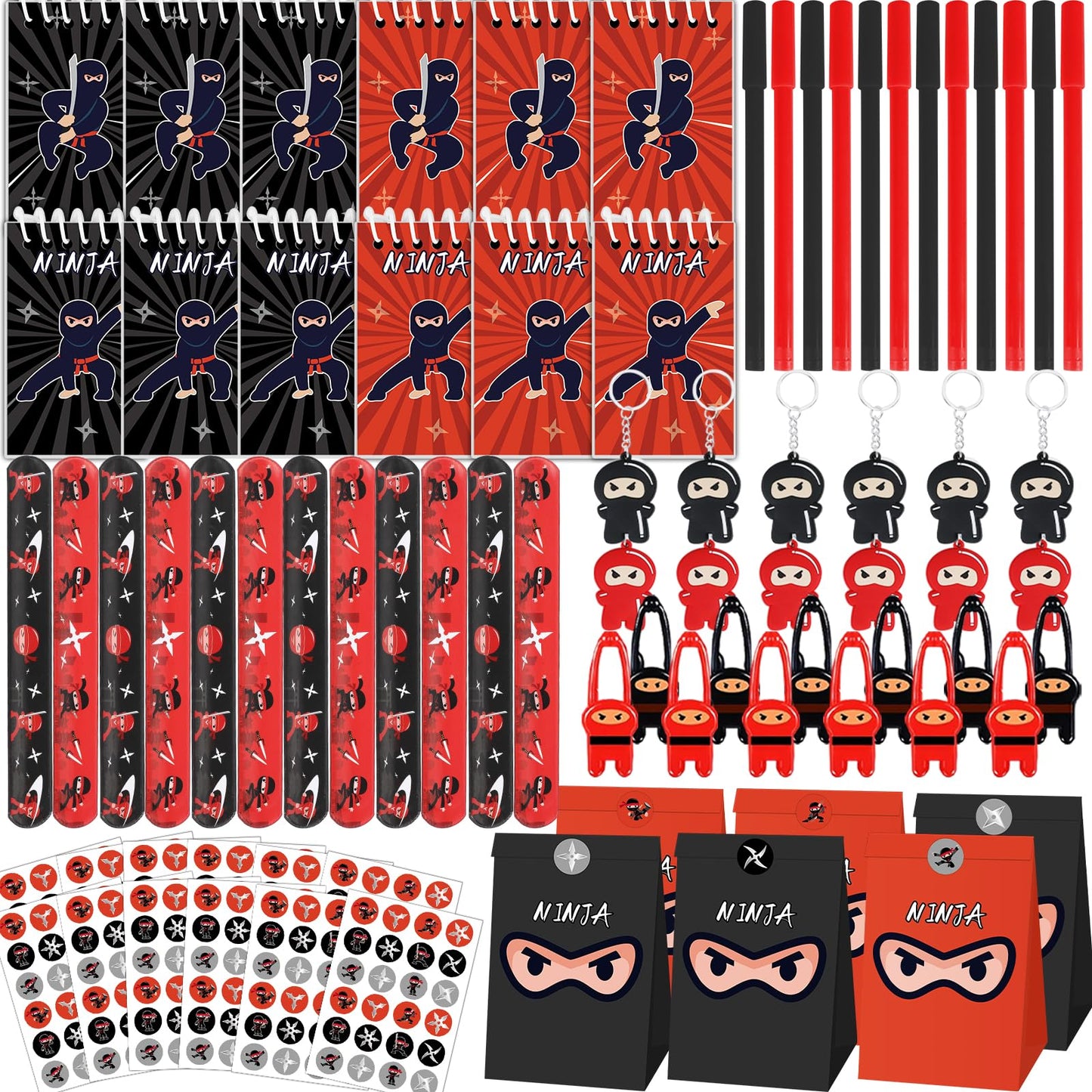 84pcs Karate Party Favor Set Red Black Karate Paper Bag Notepad Pen Slap Bracelets Key Chain TPR Stretchy Flying Toys Stickers P