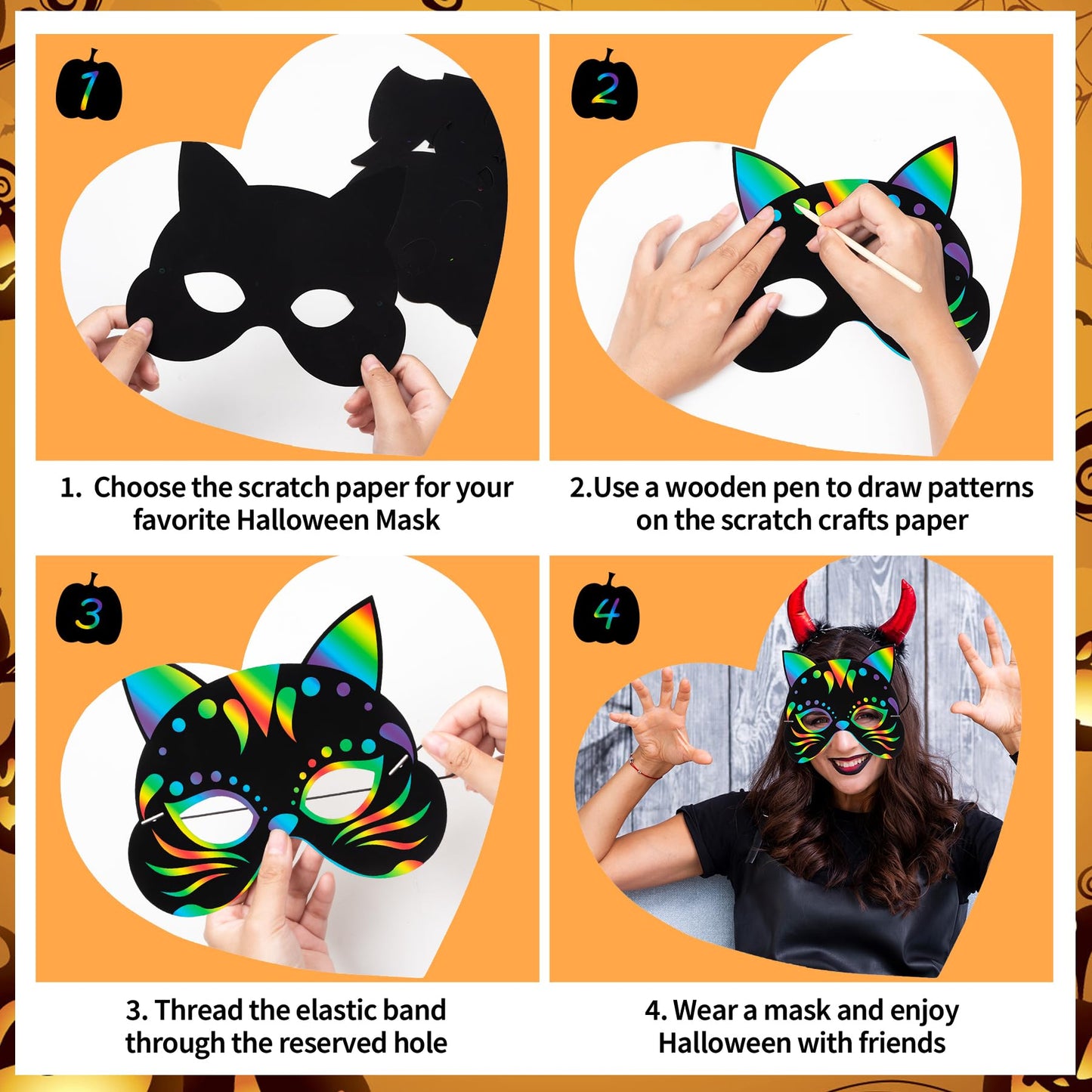GOMANCHE 36 Pieces Halloween Scratch Art Masks for Kids, DIY Rainbow Magic Scratch Paper Masks for Crafts, Bat Witch Pumpkin Spi