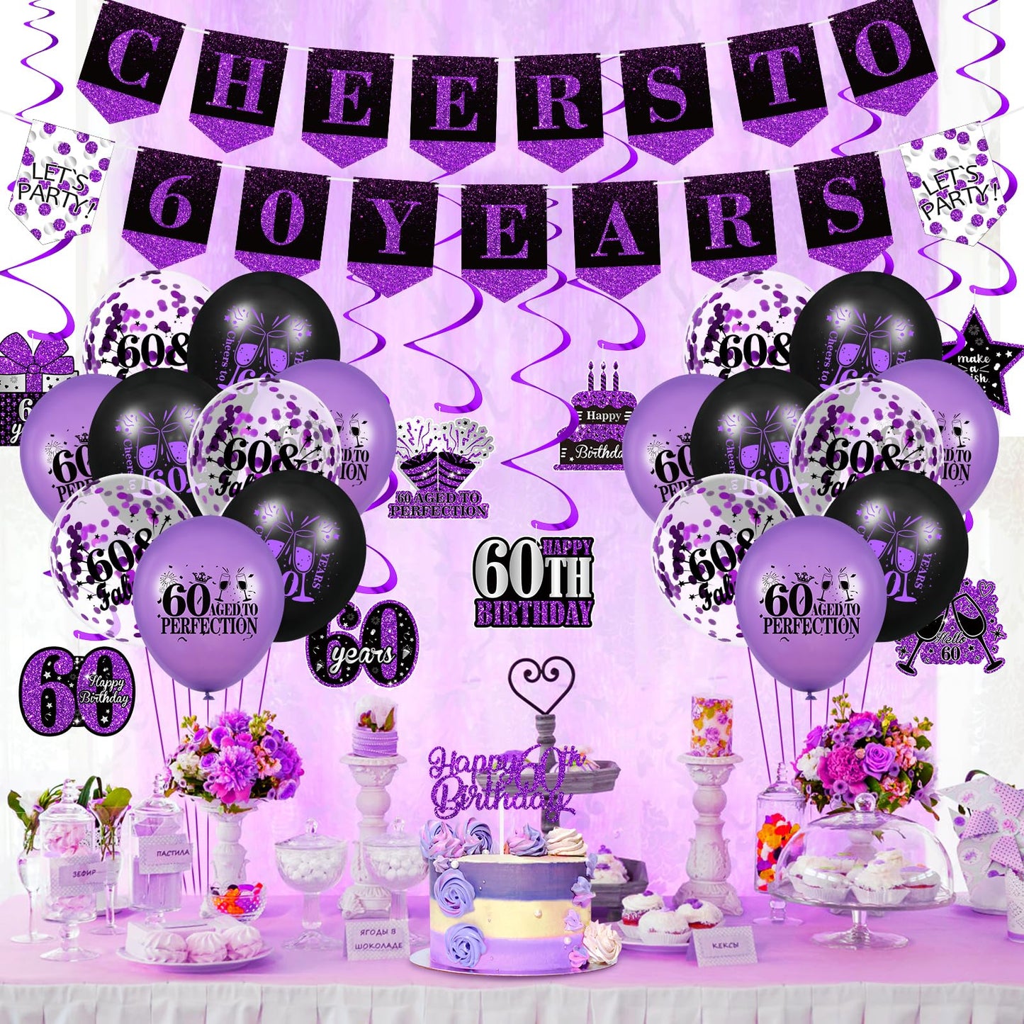 Purple 60Th Birthday Decorations For Women Men Purple Black 60Th Birthday Banner Hanging Swirls 60Th Birthday Balloons Happy 60Th Birthday Cake Topper For Purple Cheer To 60 Years Party Supplies