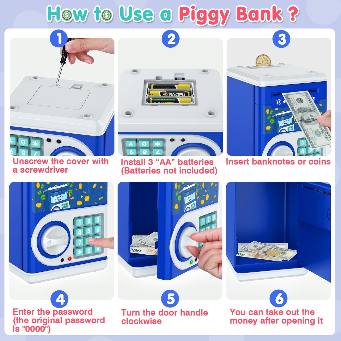 Dark Blue Piggy Bank For Kids With Password Code Lock And Auto Grab Bill Slot, Philaeec Real Money Cash Coin Can Saving Box Elec