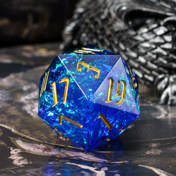 Cusdie Single D20 DND Dice with Sharp Edges and Glitter Foil Inclusions, 20 Sided D&D Dice, 33mm Handcrafted Polyhedral Dice, fo