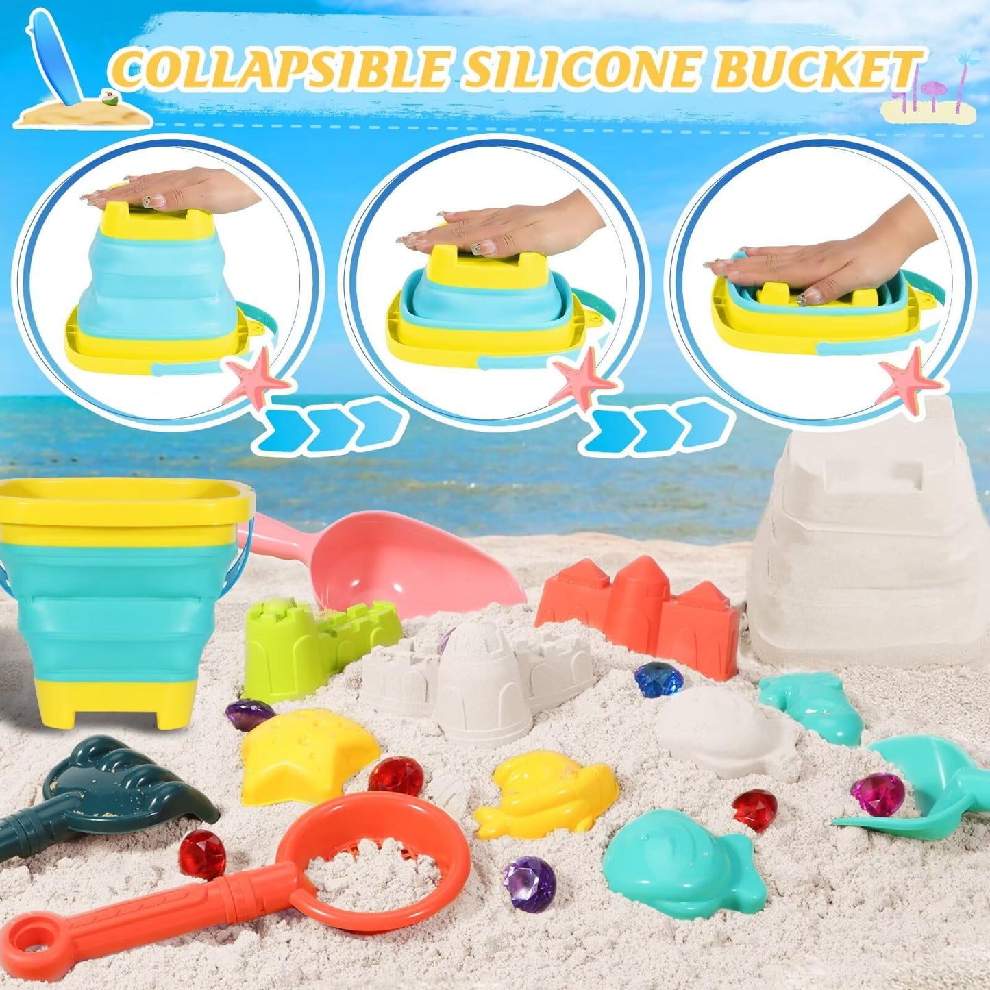 Beach Sand Toys For Kids,Sand Toys With 2 Collapsible Beach Bucket,2 Beach Sifter Shovel,Sand Shovel Set,Sand Castle Kit,Sea Ani