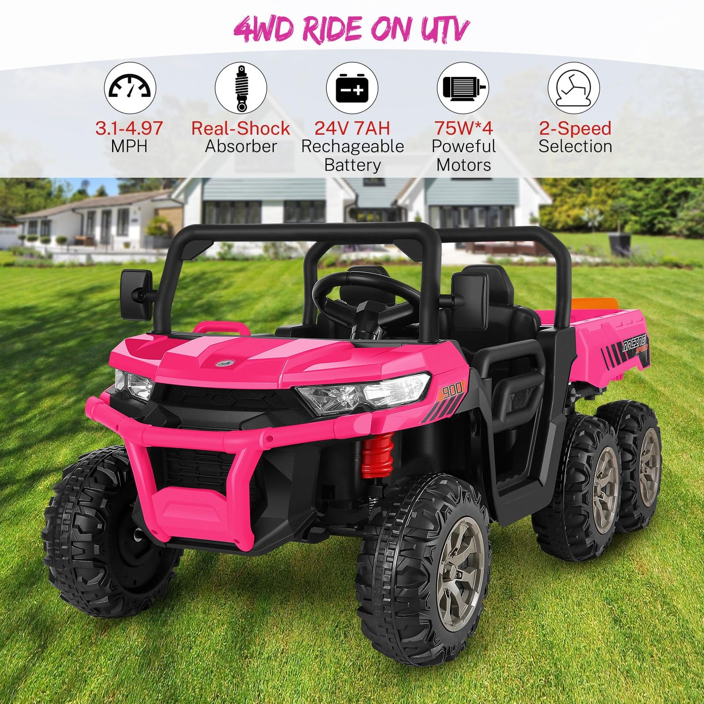 Hikole 2 Seater Ride On Utv For Kids, 24V 6X6 4Wd Ride On Dump Truck With Remote Control, Dump Bed, Extra Shovel, 3 Speeds, Musi