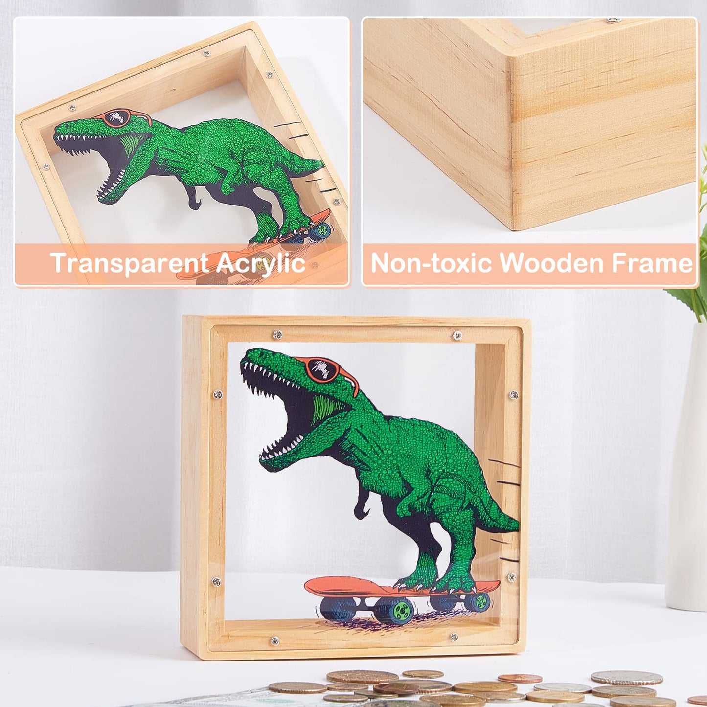 Piggy Bank For Kids, Wooden Money Coin Bank For Boys And Girls, Dinosaur Unicorn Piggy Banks With Diy Stickers For Birthday, Easter Gifts (Green)