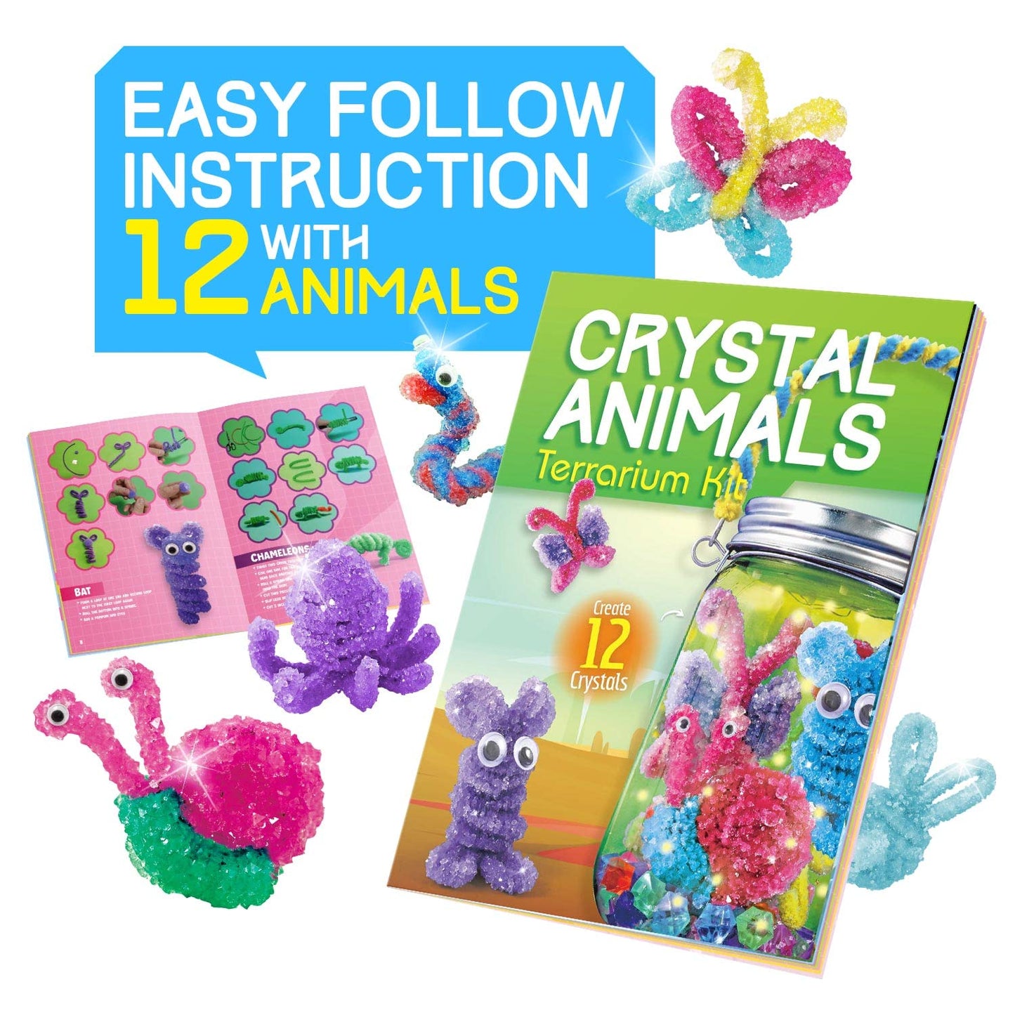 Xxtoys Crystal Growing Terrarium Kit - Crafts For Girls Ages 8-12- Create 12 Animals Science Kit For Kids - Light-Up Crystal Lan