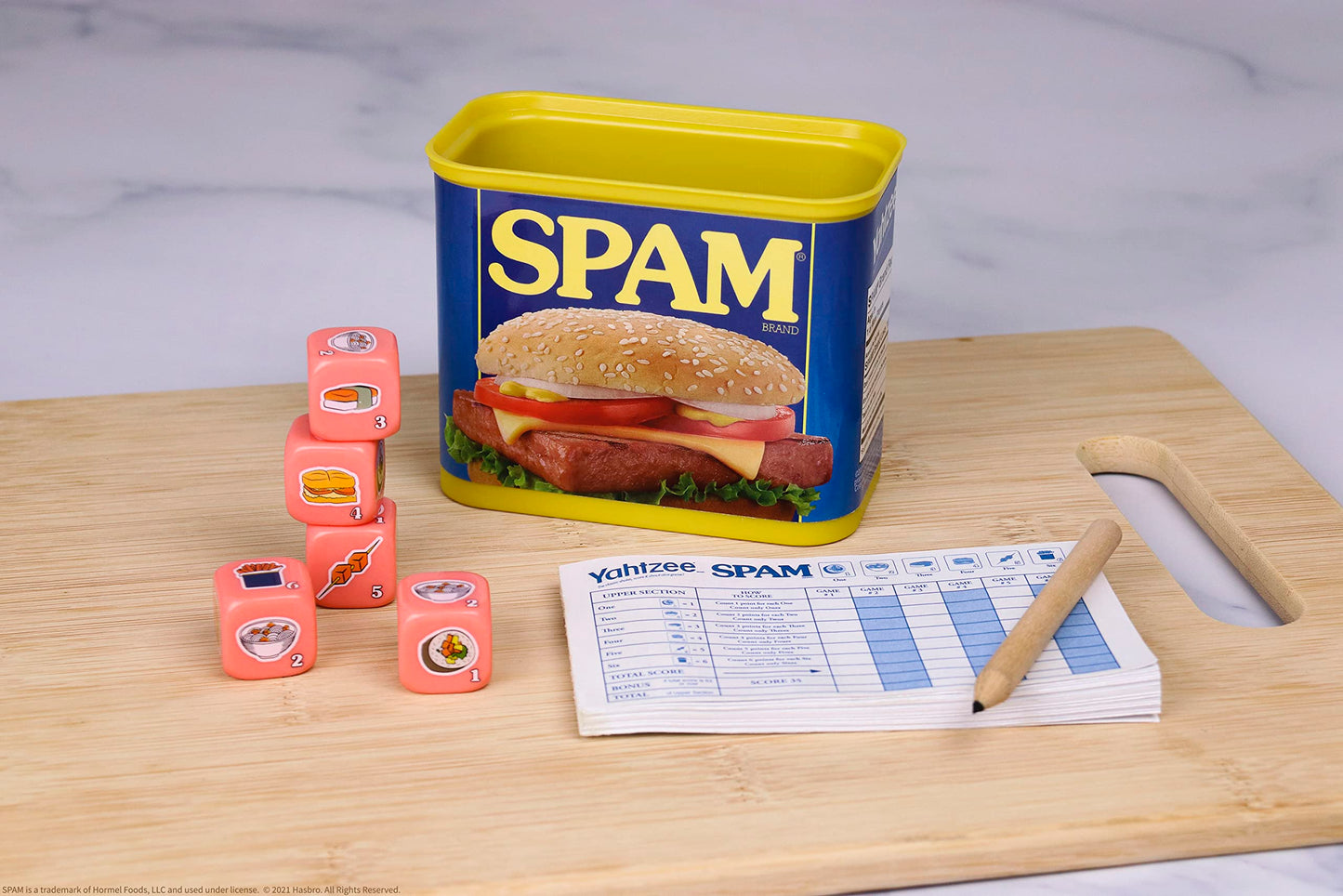 YAHTZEE Spam Brand | Collectible Yahtzee Game as Iconic Spam Can with Custom Dice | Dice Featuring Fried Spam, Spam Musubi, Spam