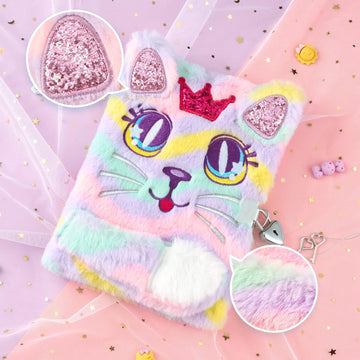 Wernnsai Plush Cat Diary With Lock And Keys - Girls Journal With Lock Diary For Girls Kids Gift Birthday Christmas Valentine School A5 Kids Journal Secret Diary Writing Drawing Notepad