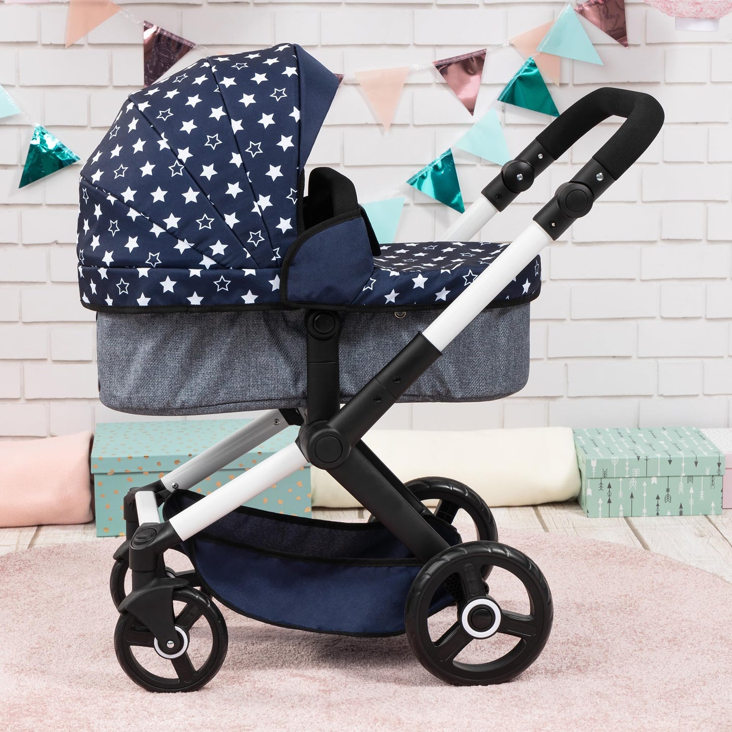 Bayer Design Dolls: Pram Xeo - Blue & White Stars - Dolls Up To 18'', Shoulder Bag, Convertible To Pushchair, Adjustable Handle,