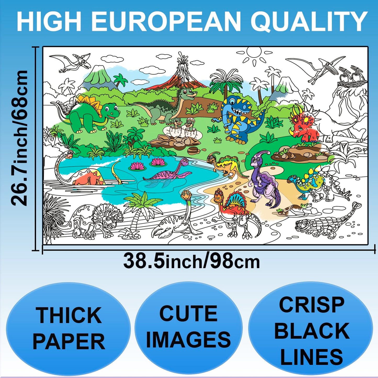Alex Art, Giant Coloring Poster - Dinosaur Jumbo Coloring Book Sheet For Kids Ages 4-8 - Big Large Coloring Pages Posters To Color - Birthday Party Activity Table - Huge Floor Wall Size 38.5”X26.7”