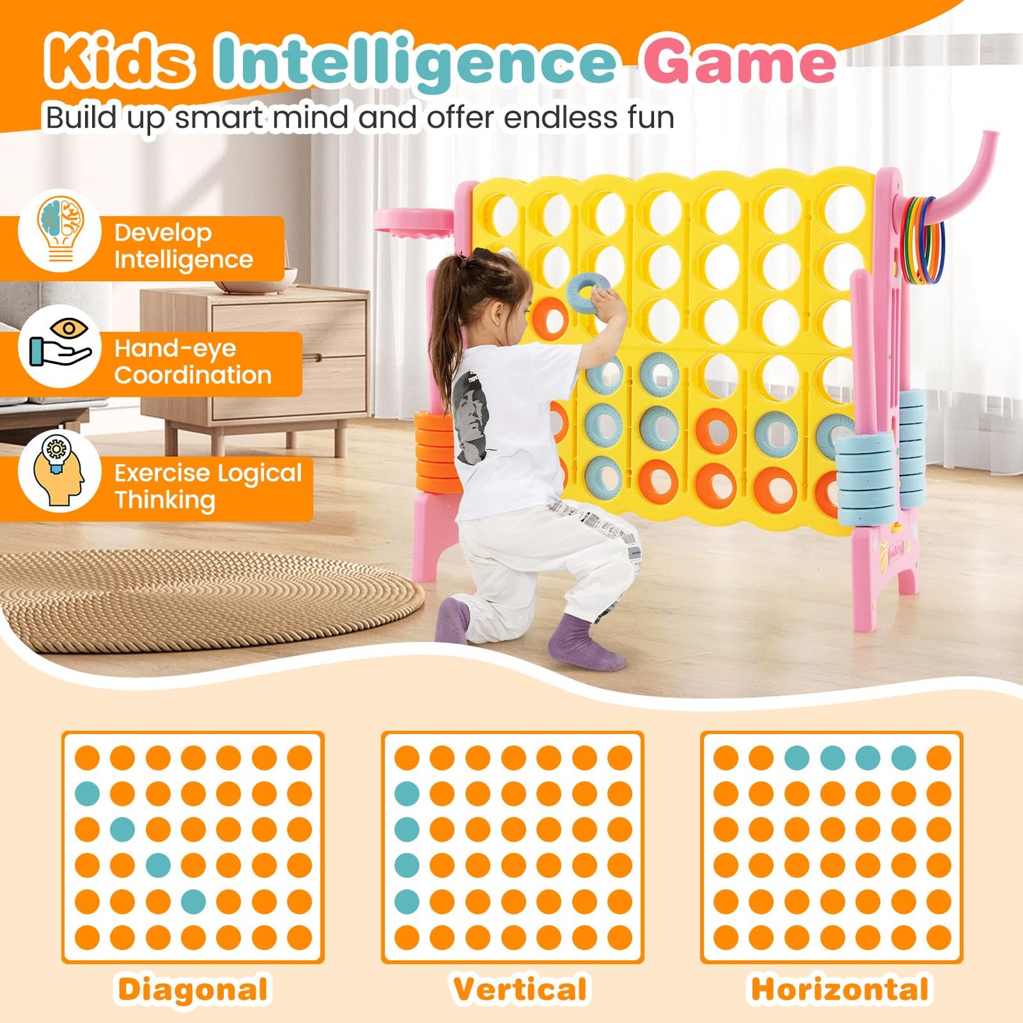Costway Jumbo 4-To-Score Giant Game Set For Kids & Adults, 2.5Ft Indoor Outdoor Game With Basketball Hoop, Ring Game, 42 Jumbo R