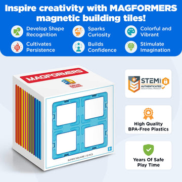 Magformers Super Square 12 Pieces Rainbow Colors, Educational Magnetic Geometric Shapes Tiles Building Stem Toy Set Ages 3+