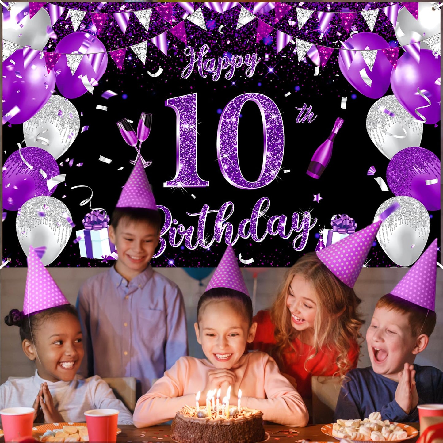 Purple 10Th Birthday Decoration Banner For Girls Large Black Purple Silver Happy 10Th Birthday Banner Purple And Black 10Th Background For 10Th Birthday Anniversary Party Supplies