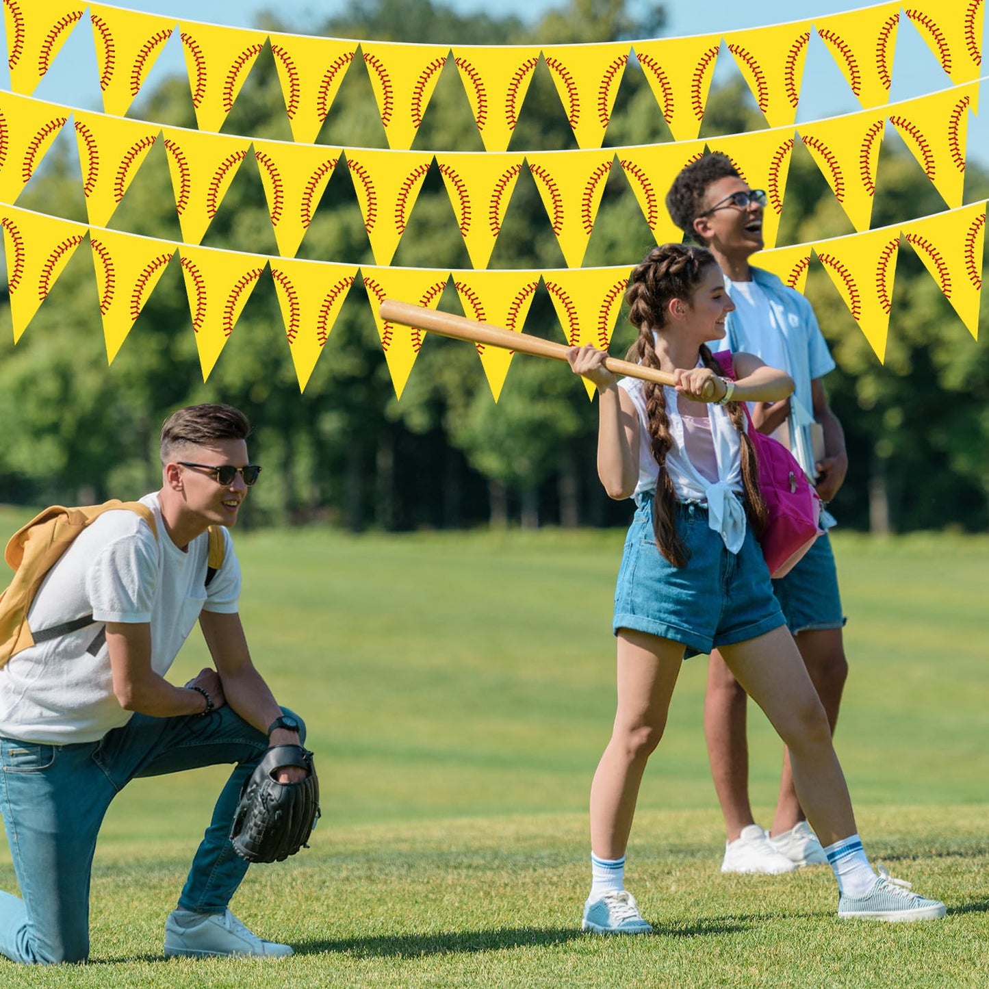 Jetec 49 Ft Softball Pennant Banner - Pre-Assembled Yellow Triangle Flag Bunting for Birthday Party Decorations