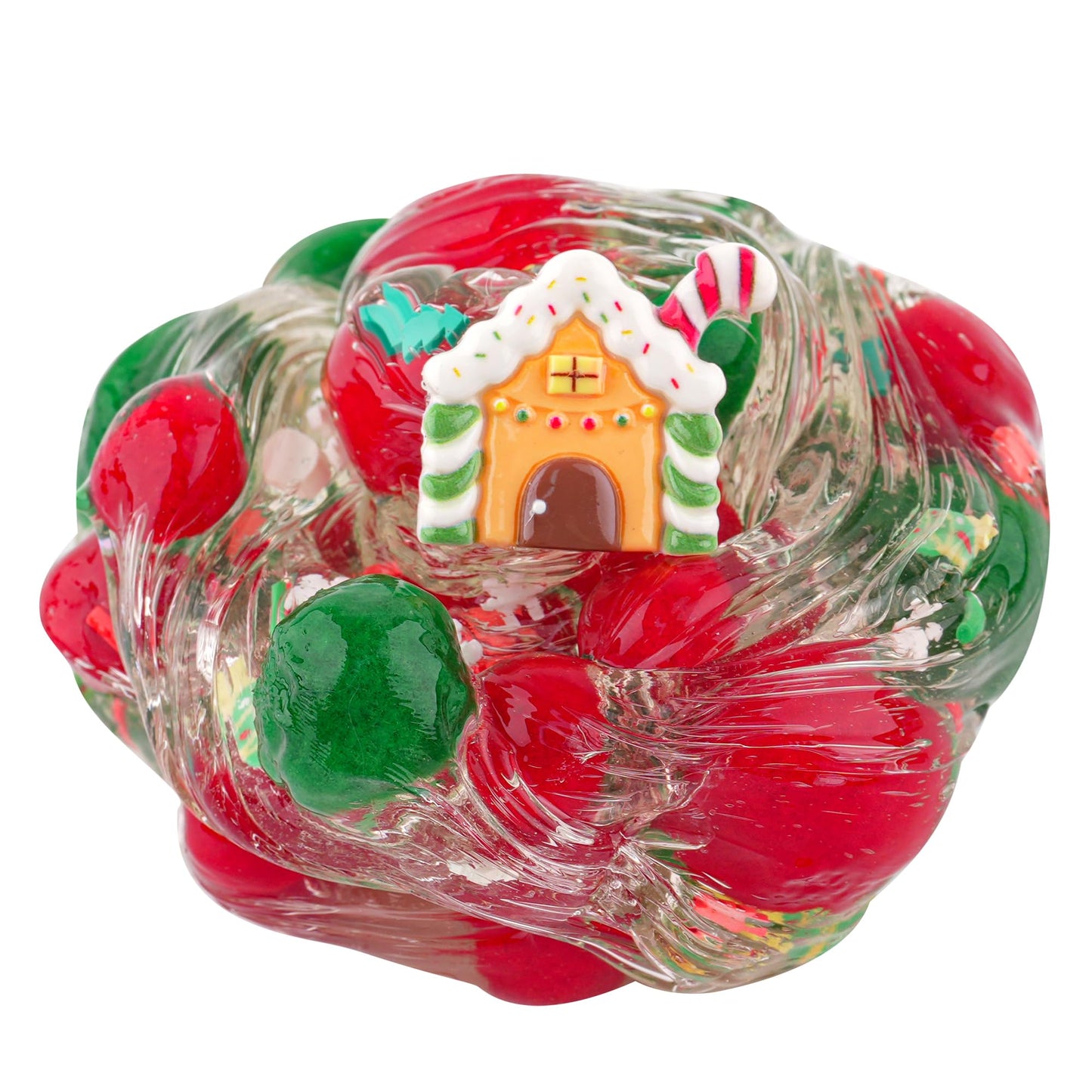 Gingerbread House Green & Red Pom-Poms Clear Slime, Good Stretchy Premade Slime, Slime Party Favors For Kids, Sensory Toys Girls