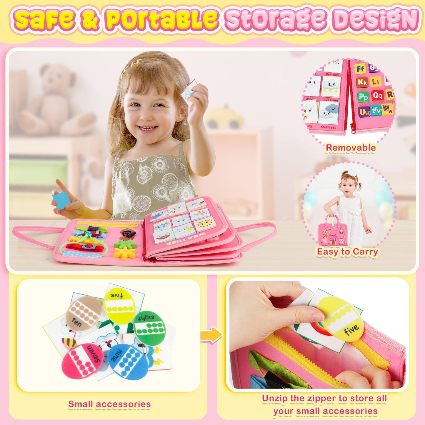 Urmywo Busy Board - Montessori Toys For 1-4 Year Olds, Busy Book Toddler Activities With Fine Motor Skills, Autism Sensory Gifts