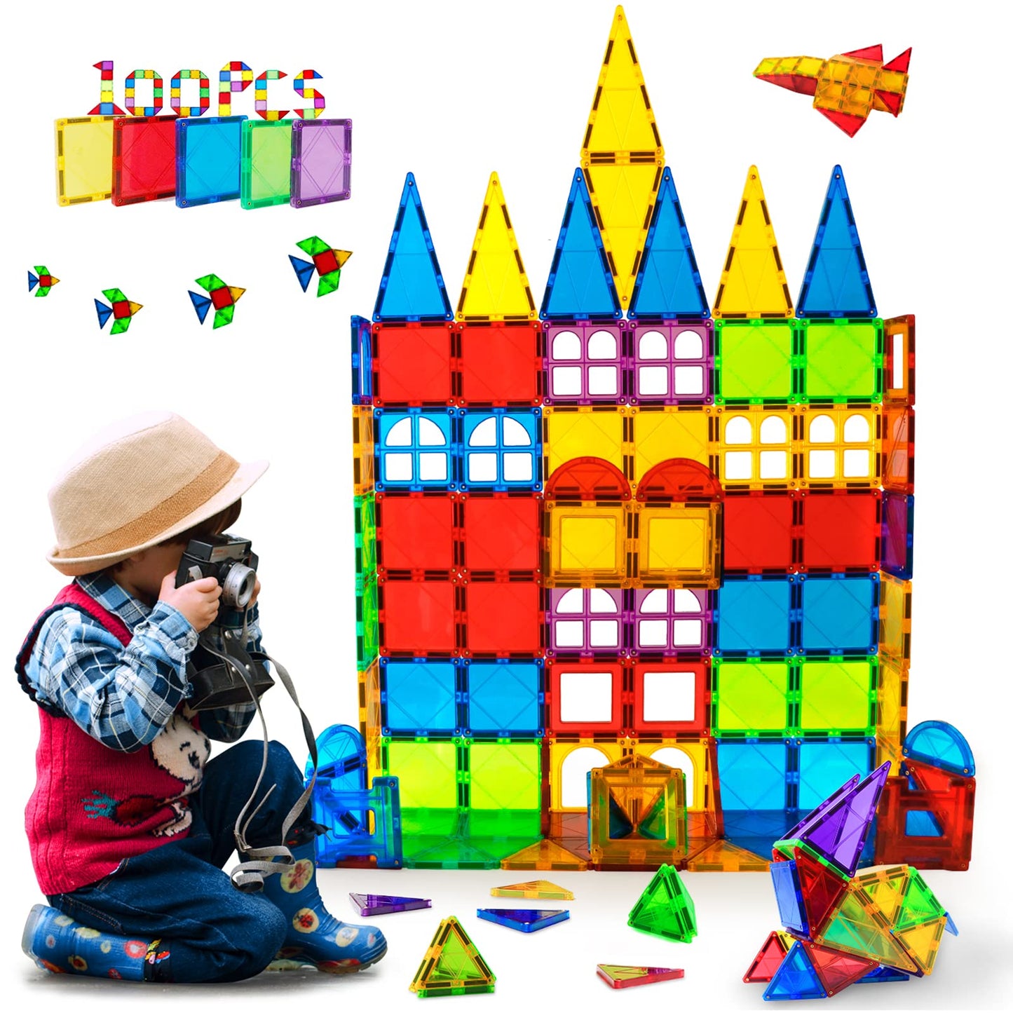 Magblock Magnet Toys Kids Magnetic Building Tiles 100 Pcs 3D Magnetic Blocks Preschool Building Sets Educational Toys For Toddlers Boys And Girls.