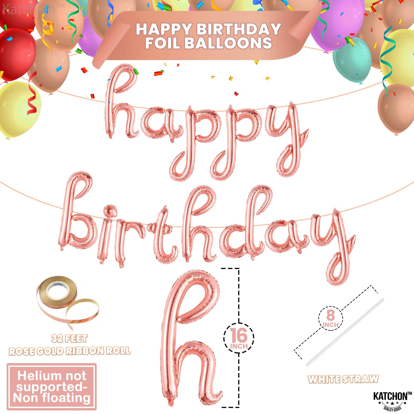 Katchon, Happy Birthday Balloon Rose Gold - 16 Inch | Rose Gold Happy Birthday Sign, Rose Gold Happy Birthday Decorations For Women | Rose Gold Happy Birthday Banner For Rose Gold Party Decorations
