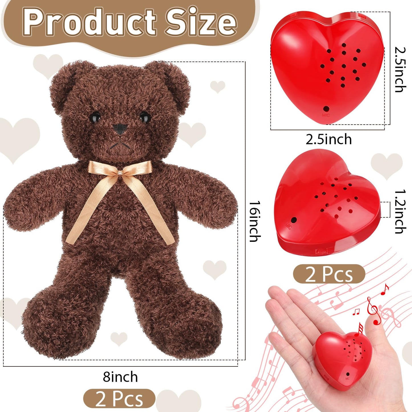 2 Pcs Bear Stuffed Animals With Voice Recorder Set, 60 Seconds Voice Sound Recorder Module 16 Inch Soft Plush Bear Cute Stuffed