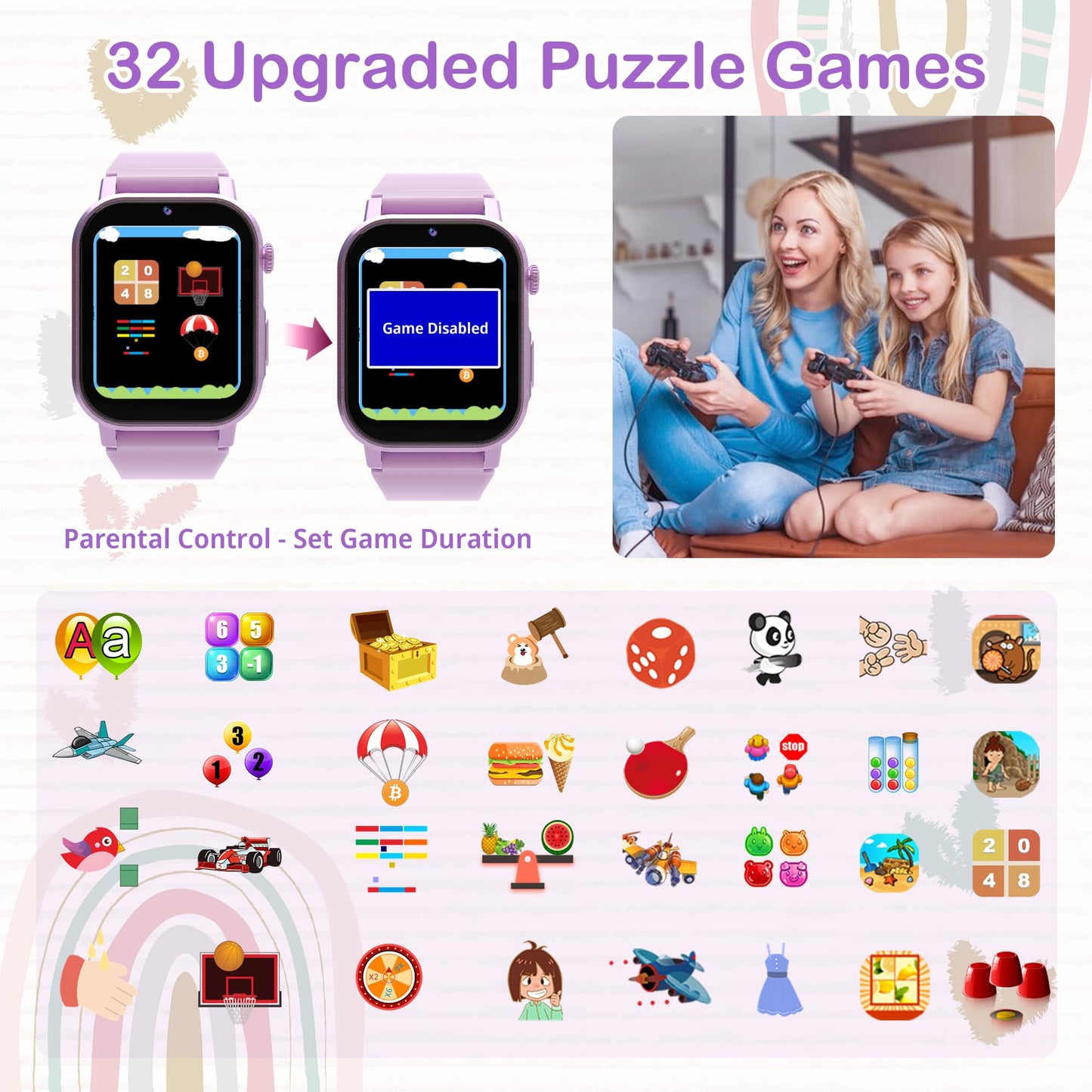 Kids Smart Watches Girls With 32 Games Gift For Girls Age 3-12 Watch For Kids With Hd Touch Screen,Video,Camera,Music Player,Pedometer,Learn Card,Audiobook, 5-10 Year Old Girl Gifts