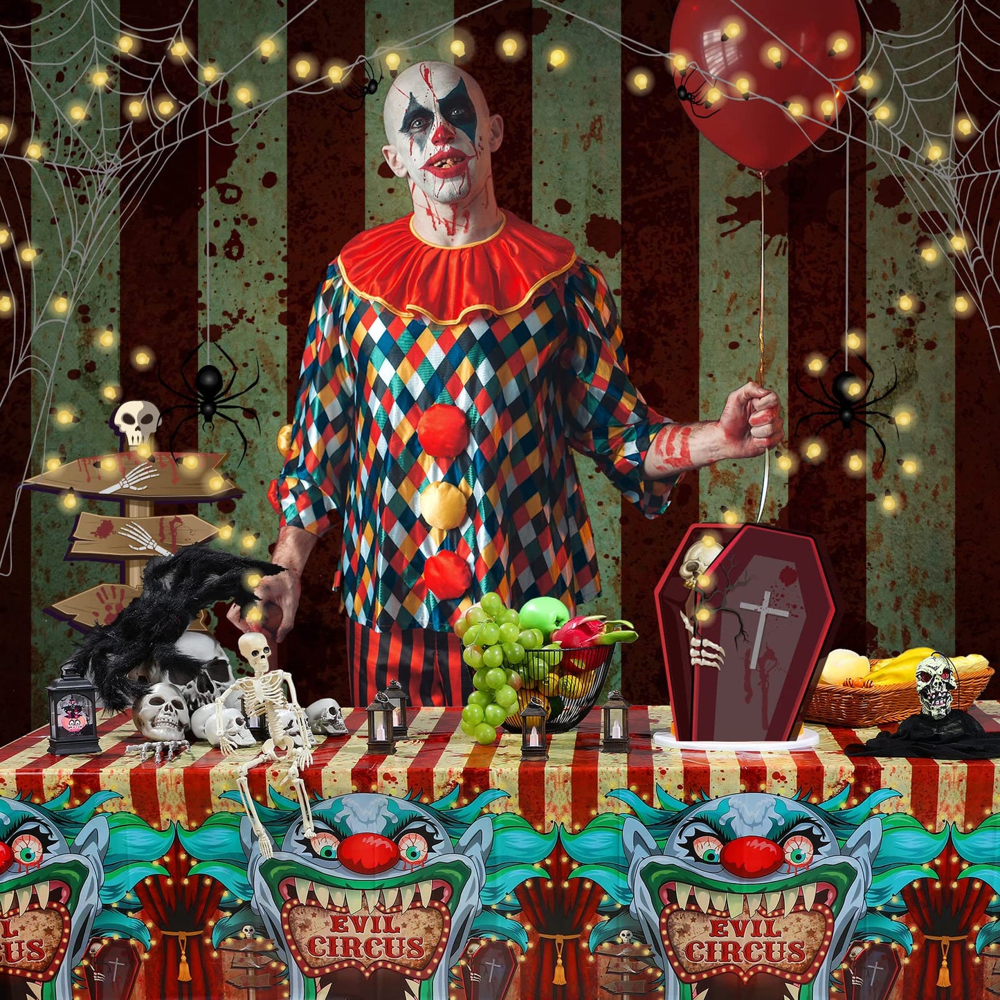 Tiamon 3 Pieces Halloween Tablecloth Horror Circus Table Cover Giant Evil Clown Tablecloth Halloween Circus Plastic Table Cover