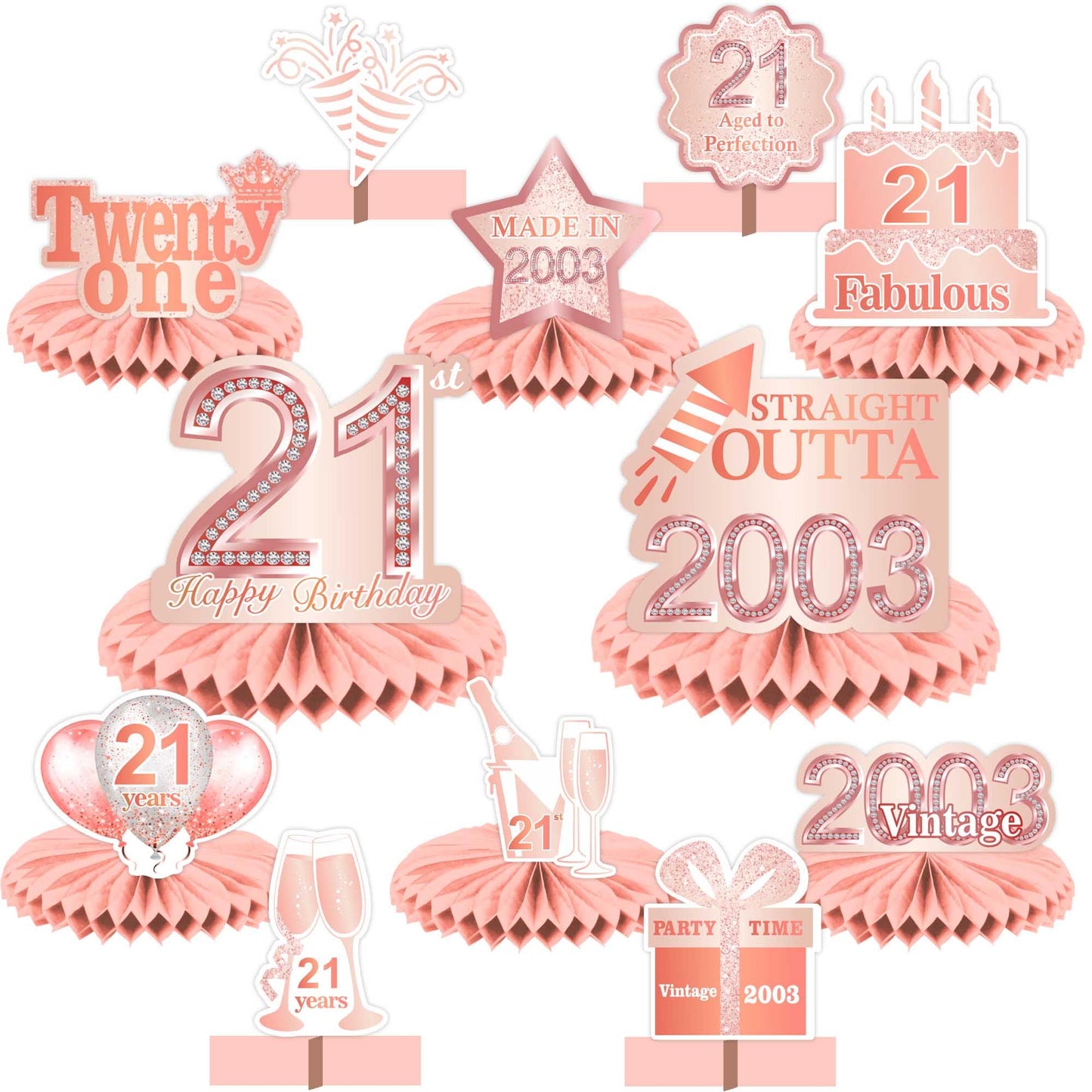 Happy 21St Birthday Rose Gold Table Honeycomb Centerpieces Balloons Theme Decor Table Decorations Table Toppers For Girls Women Sweet Princess 21 Years Old Pink Birthday Party Bday Supplies Ornament