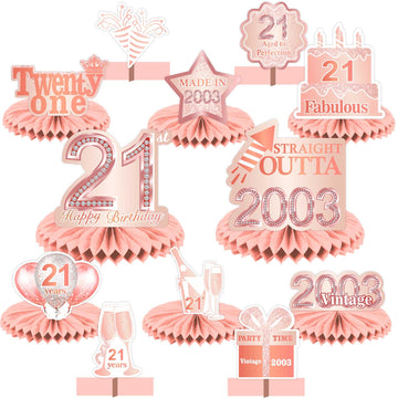 Happy 21St Birthday Rose Gold Table Honeycomb Centerpieces Balloons Theme Decor Table Decorations Table Toppers For Girls Women Sweet Princess 21 Years Old Pink Birthday Party Bday Supplies Ornament