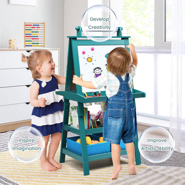 Honey Joy Art Easel For Kids, 3-In-1 Double-Sided Wooden Toddler Easel W/Magnetic White Board & Chalkboard, Paper Roll, 2 Storage Bins, Painting Dry Erase, Kids Easel For Boys Girls Aged 3+ (Blue)