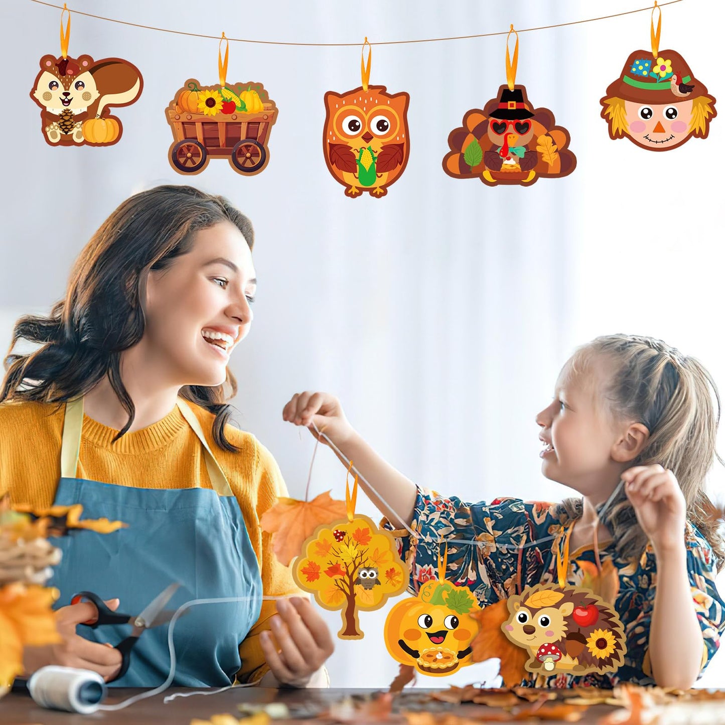 JUNEBRUSHS 32 Pcs Fall Crafts, Autumn Sticker Crafts Thanksgiving Turkey Scarecrow Sticker Fall DIY Hanging Ornaments Craft Harv
