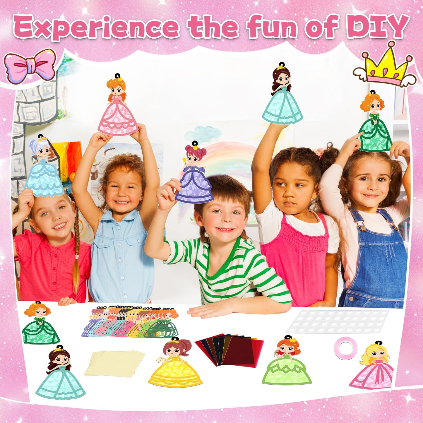 QOUBAI 32 Sets Princess Suncatchers Craft Kit DIY Window Stained Glass Effect Princess Paper Crafts Home School Classroom Decora