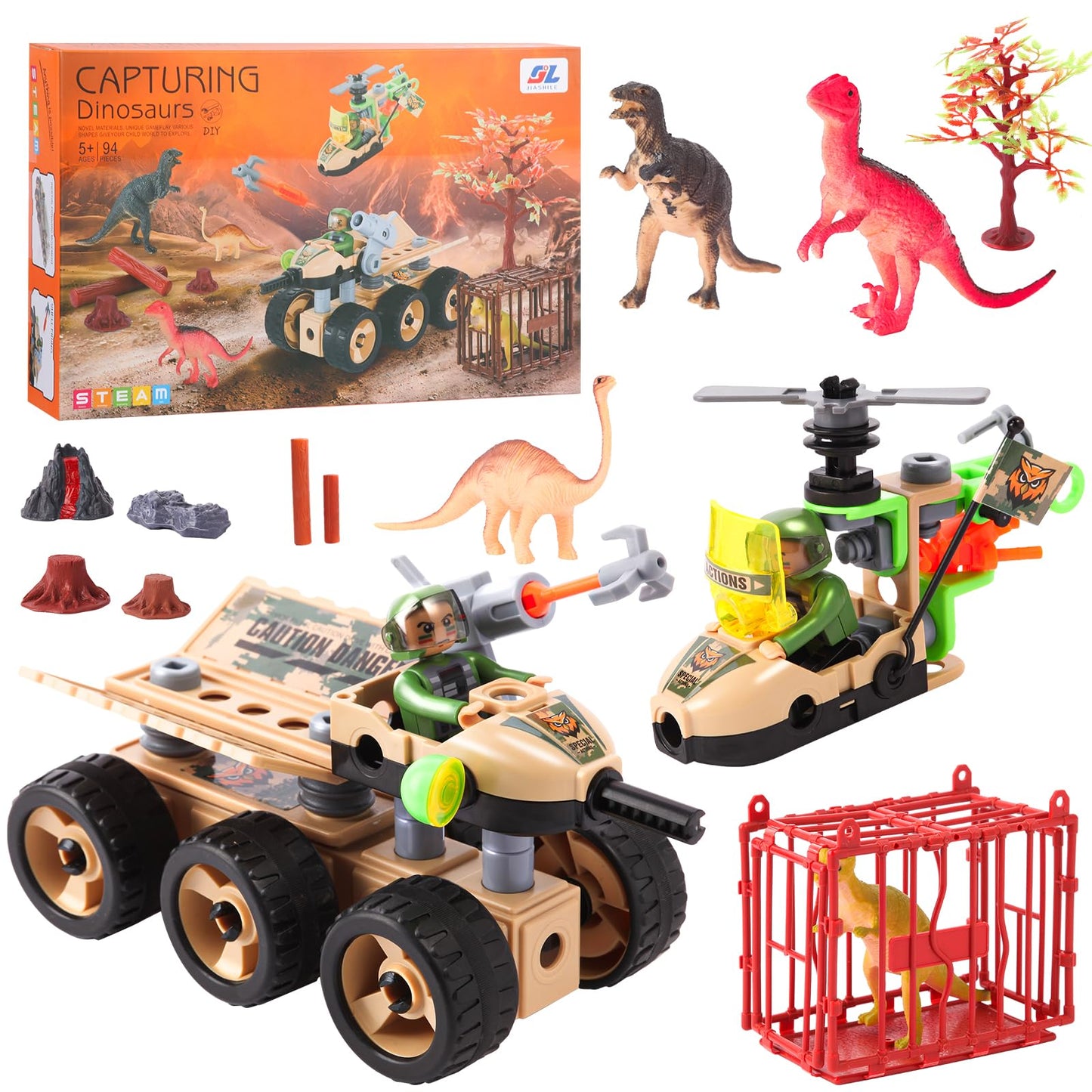 Dinosaur Building Toys, Stem Learning Toys 5+ Years,Dinosaur Park World,Capture Jurassic Play Set With Armored Car,Helicopter,4