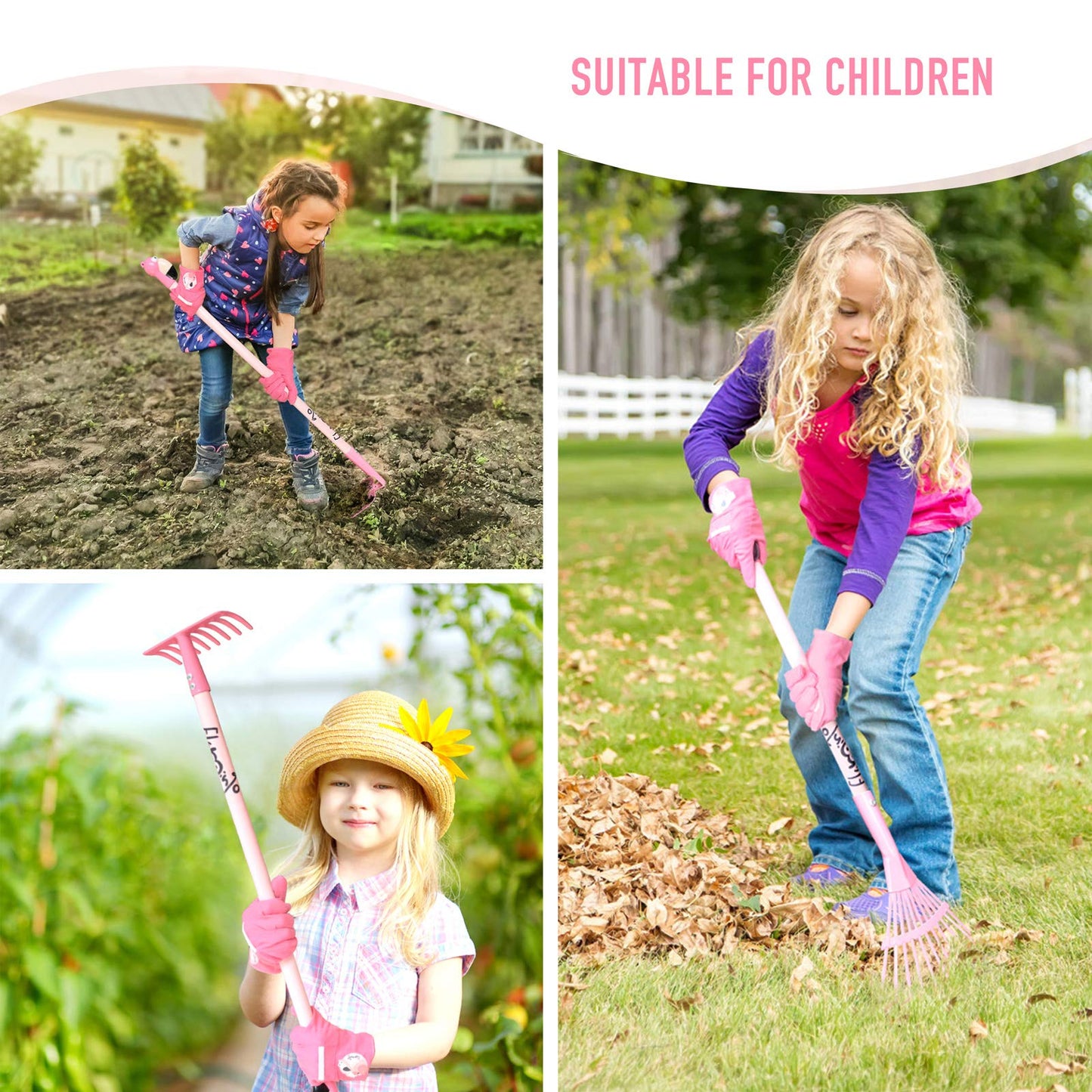 Altdorff Kids Rake And Shovel Set, 29.6'' Kids Gardening Tools Include Long Rake, Leaf Rake, Shovel, Hoe And Mini Garden Hand Tools, Gardening Toy Gift For Girls Age 3+ Years(Pink)
