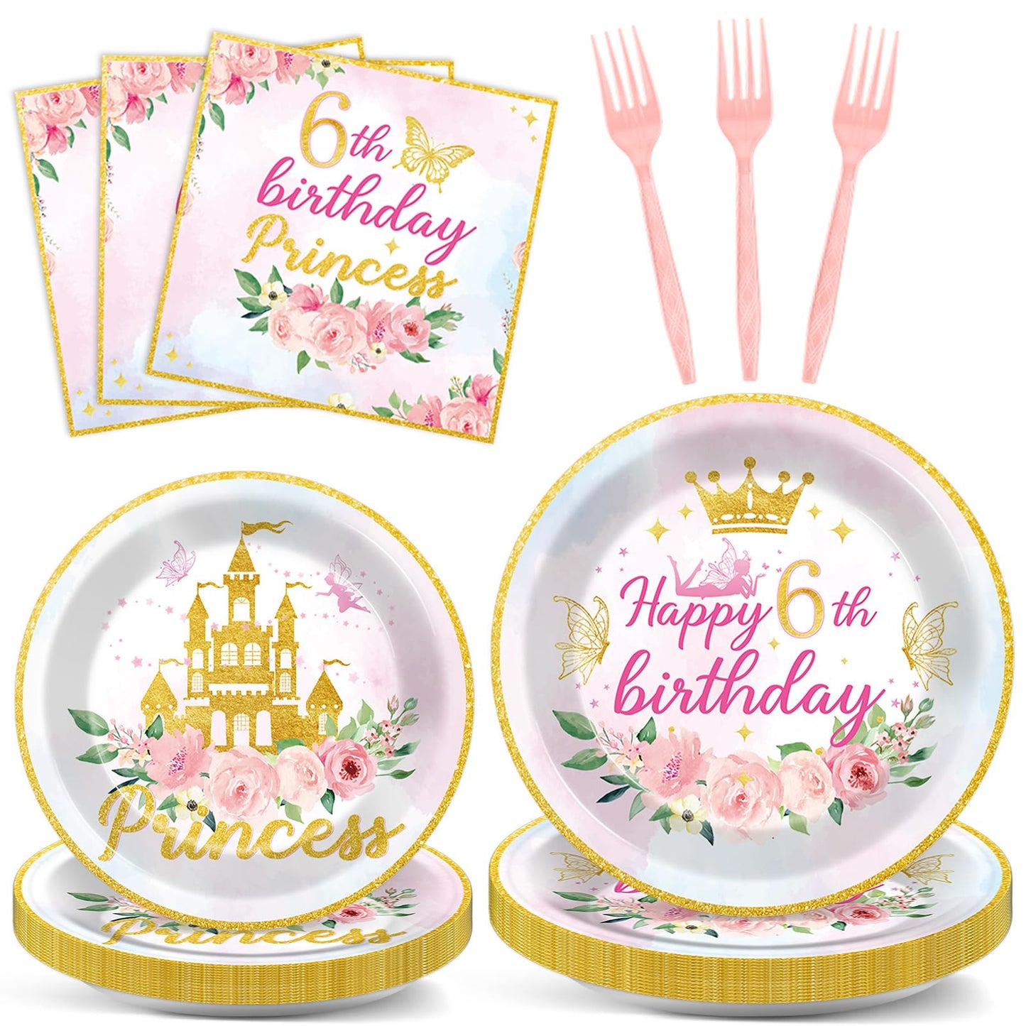 96PCS Princess 6th Birthday Party Plates and Napkins and Forks Set for Princess Party Pastel Castle Dessert Plates Disposable De