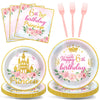 96PCS Princess 6th Birthday Party Plates and Napkins and Forks Set for Princess Party Pastel Castle Dessert Plates Disposable De