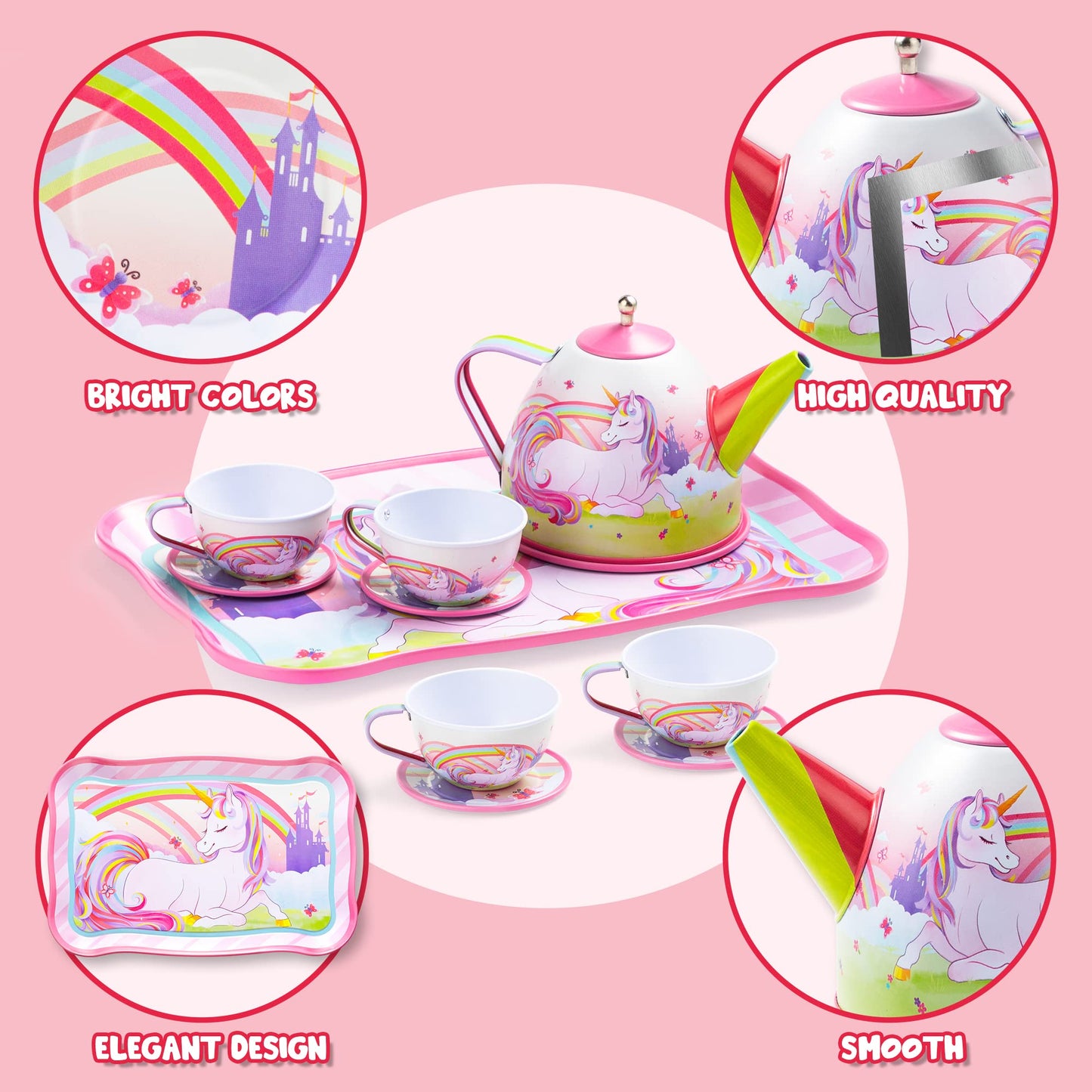 JOYIN Unicorn Tea Set for Toddlers Tea Party Set for Children Kids Pretend Role Play Tin Teapot Set with Cups, Plates and Carryi