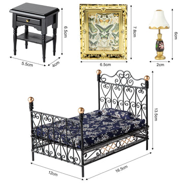 Minamzee 8Pcs 1:12 Dollhouse Bedroom Furniture Set Miniature Black Metal Bed With Bedding, Wooden Bedside Table, Lamp, Books, Mu