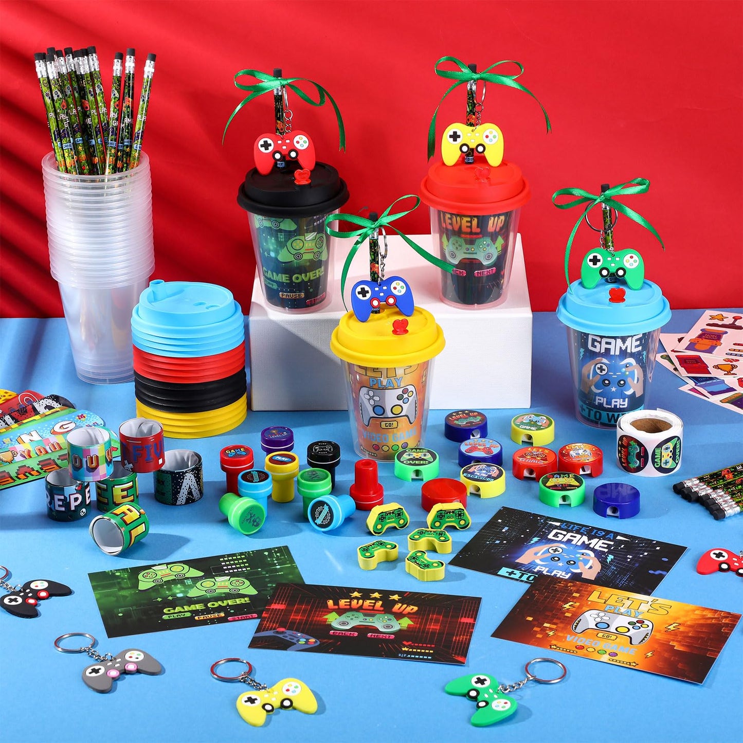 Watersay 218 Pcs Video Game Party Favors Set Includes Drink Cup with Lid Game Card Pencil Sharpener Eraser Stickers Slap Bracele