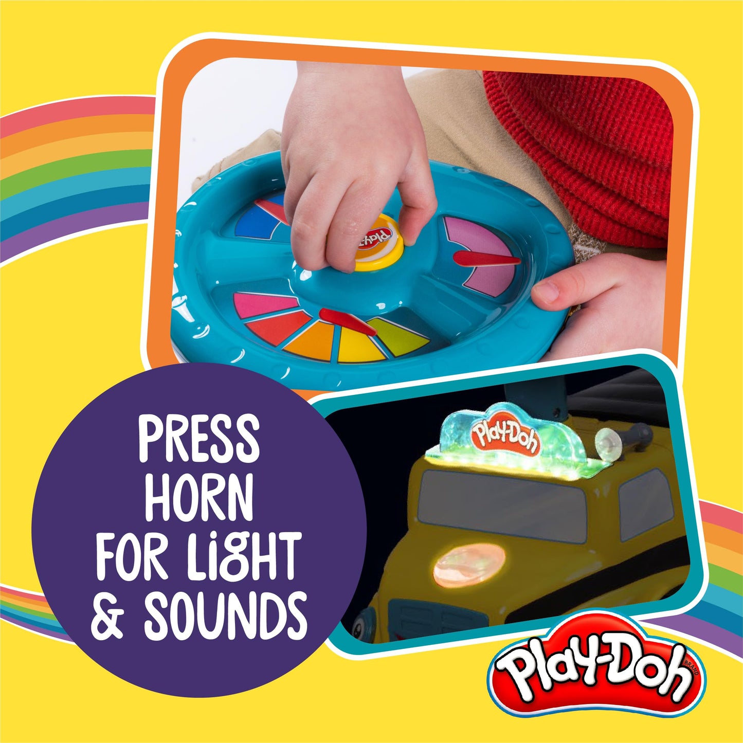 WADDLE Play-Doh Activity School Bus Toy Car for Kids - Push & Ride On, Lights & Sounds, Large, Plastic, Model FB225485PD