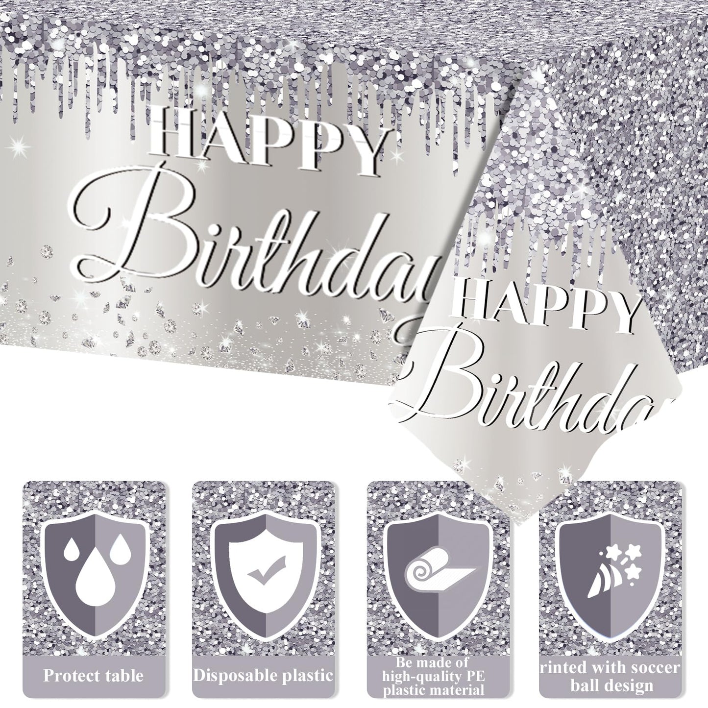 Silver Happy Birthday Party Decorations Silver Theme Table Covers Silver Glitter Birthday Party Tablecloths Supplies Diamonds Silver Party Tablecloths For Baby Shower Wedding Birthday Parties Supplies